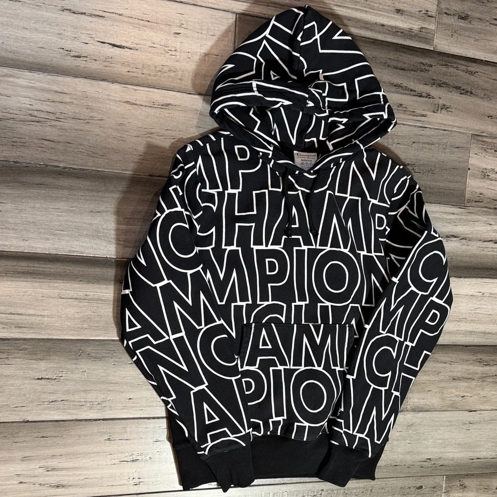 NWOT Champion Black Hoodie with White All-Over Logo Print